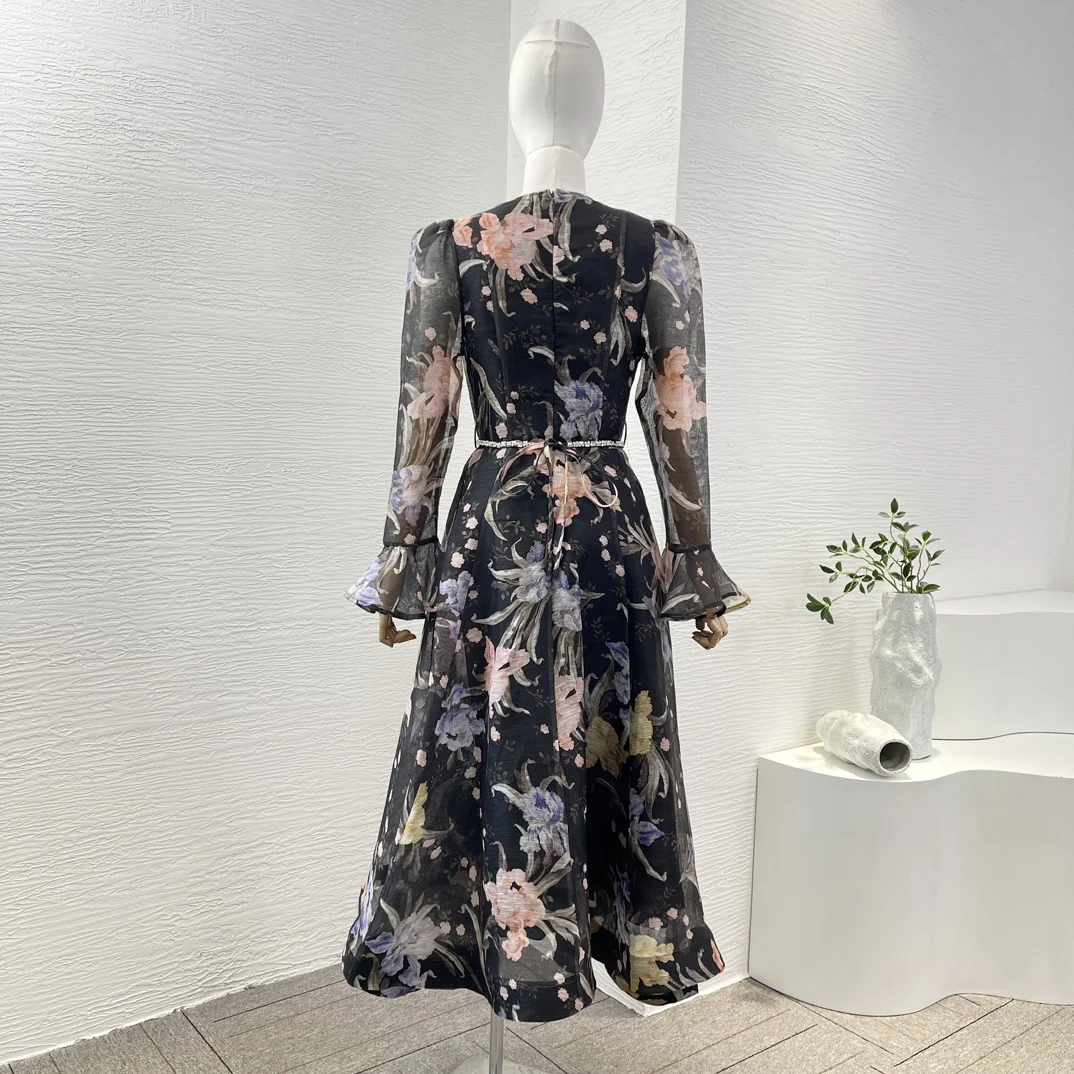 Blue 2025 New High Quality Women Summer Collection Linen Silk Full Sleeve Floral Print Women Black Midi Dress