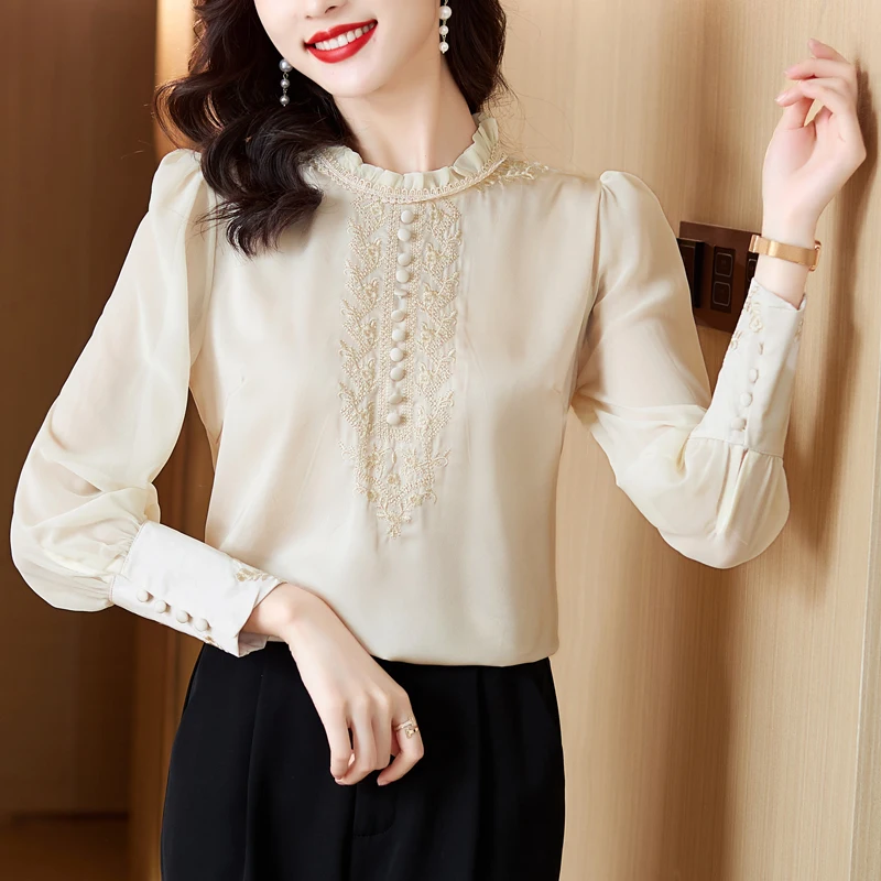 Spring Autumn Women\'s Solid Ruffled Neck Chiffon Button Lace Embroidered Lantern Long Sleeve T-shirt Casual Fashion Elegant Tops