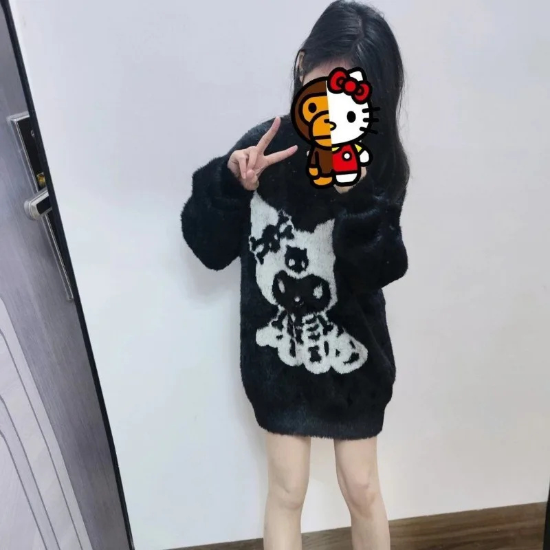 Sanrio Original Japanese Kuromi Sweet Cute Cartoon Black Jacquard Pullover Autumn/Winter Lady Loose Sweater Women Gothic Tops