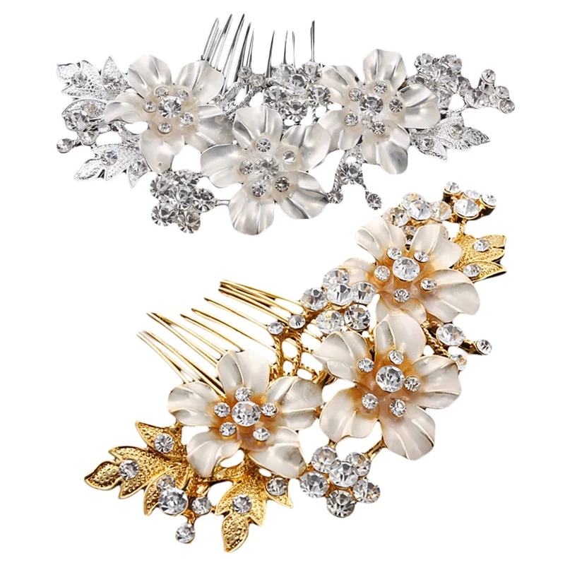 2 Pcs Wedding Bridal Hair Combs Vintage Imitation Crystal Hairpins Prom Jewelry Gold Silver Flower Pattern Hair Accessories Pins