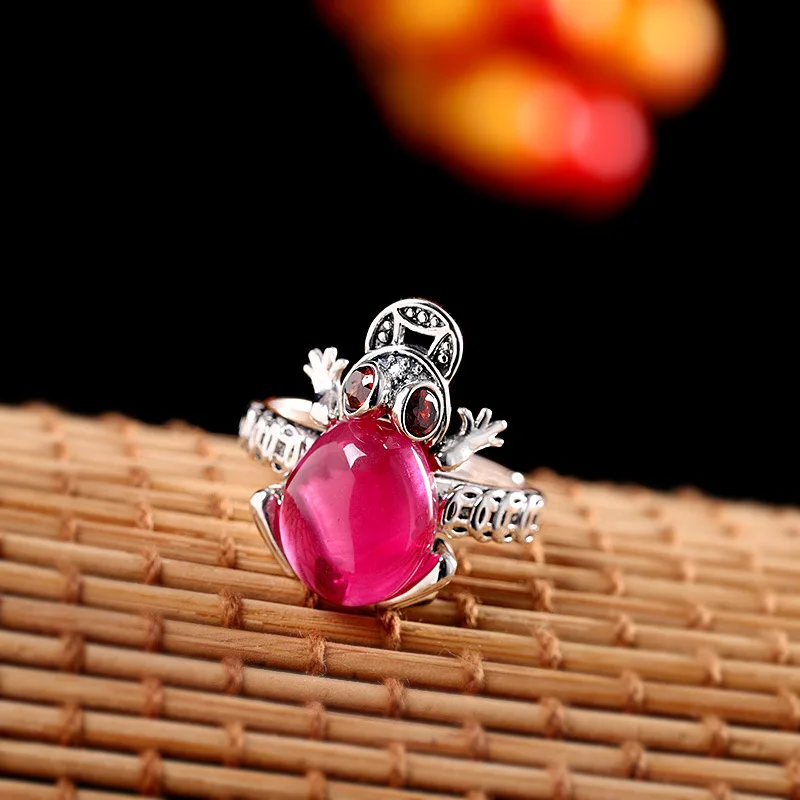 Amxiu Vingtage Open Ring Red Garnet 925 Sterling Silver Ring Animal Toad Frog Rings
