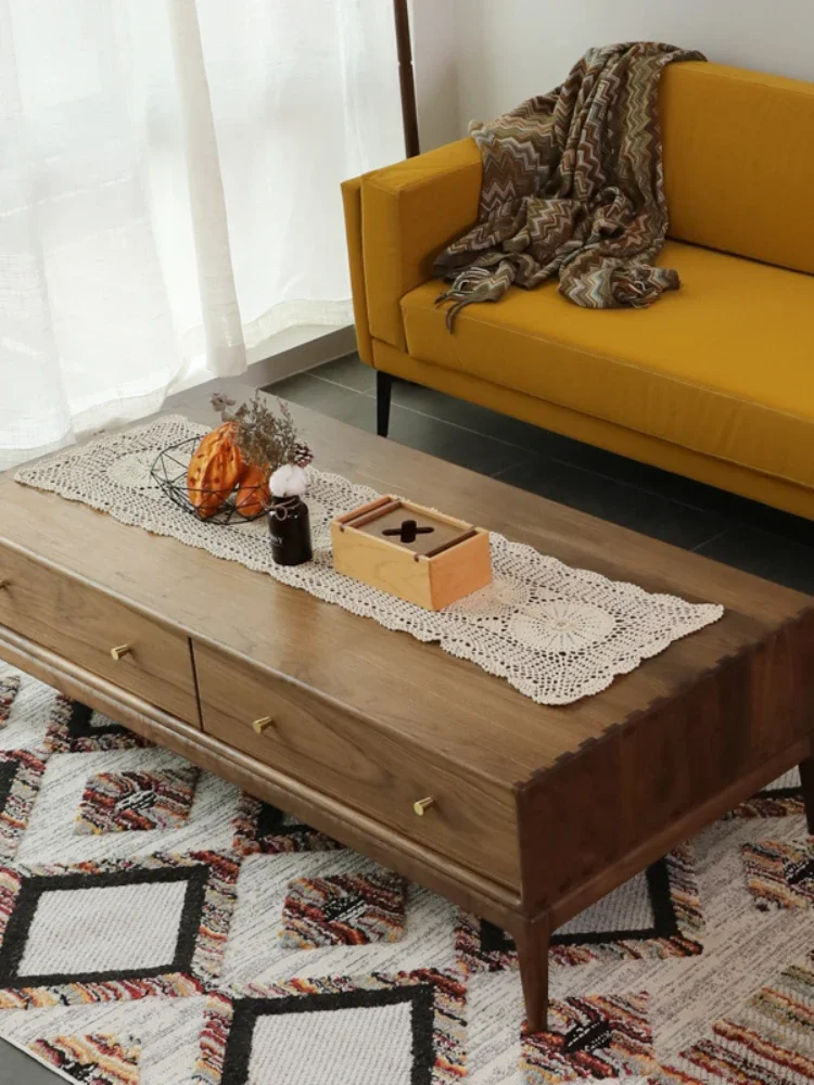 Coffee Table Black Walnut Wooden Tea Table Living Room Four-Drawer Storage Coffee Table Nordic and Japanese Style Tea Table