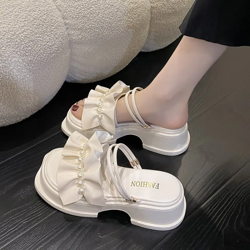 

Two Way Wear Women's Sandals Fashion Pearl Fairy Sandal Summer Peep Toe Roman Sandals for Women Platform Sandals Sandalias Mujer