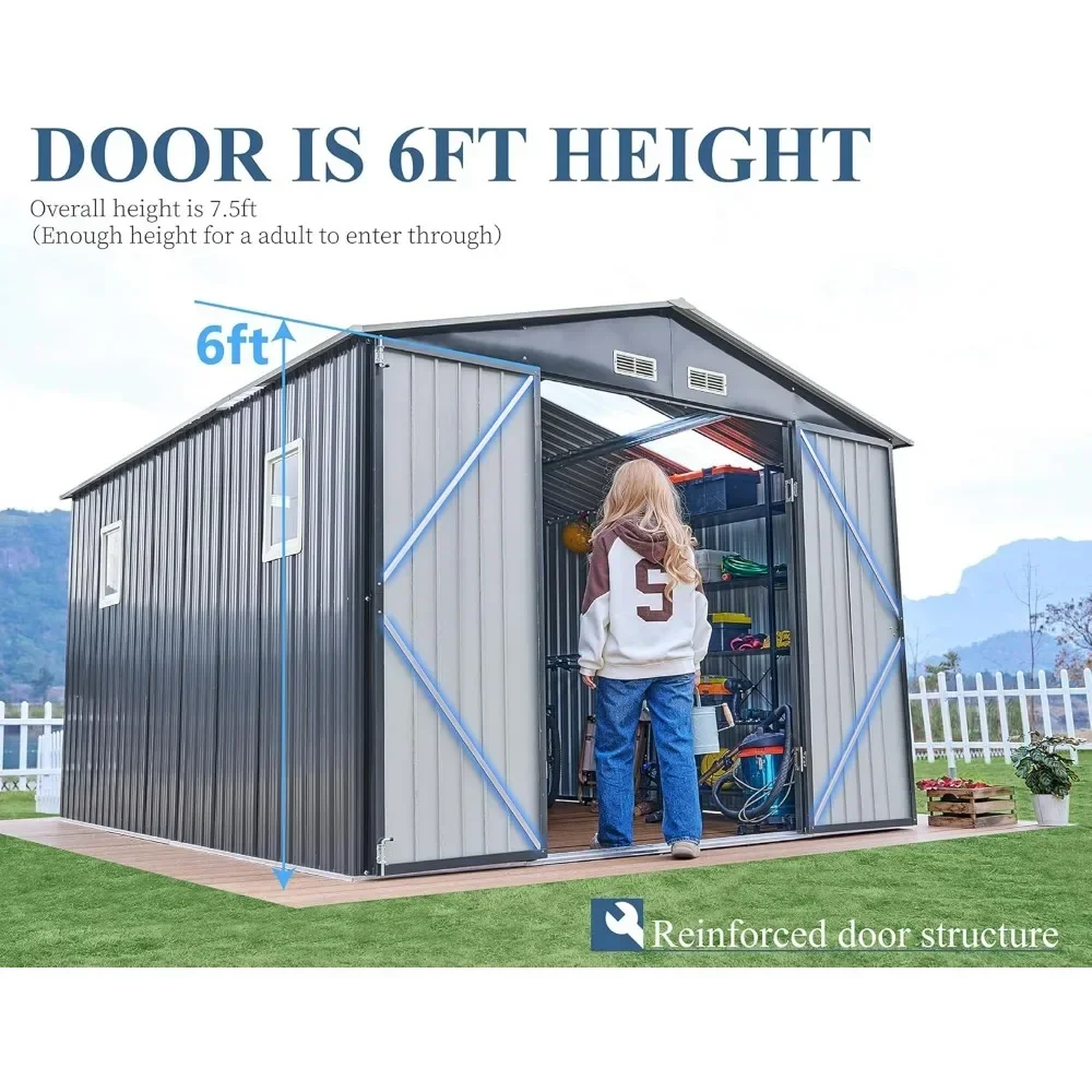 10x12x7.5 FT Outdoor Storage Shed, Metal shed with 2 Clear Panels Hinged Double Doors 4 Vents, Outdoor Shed for Backyard