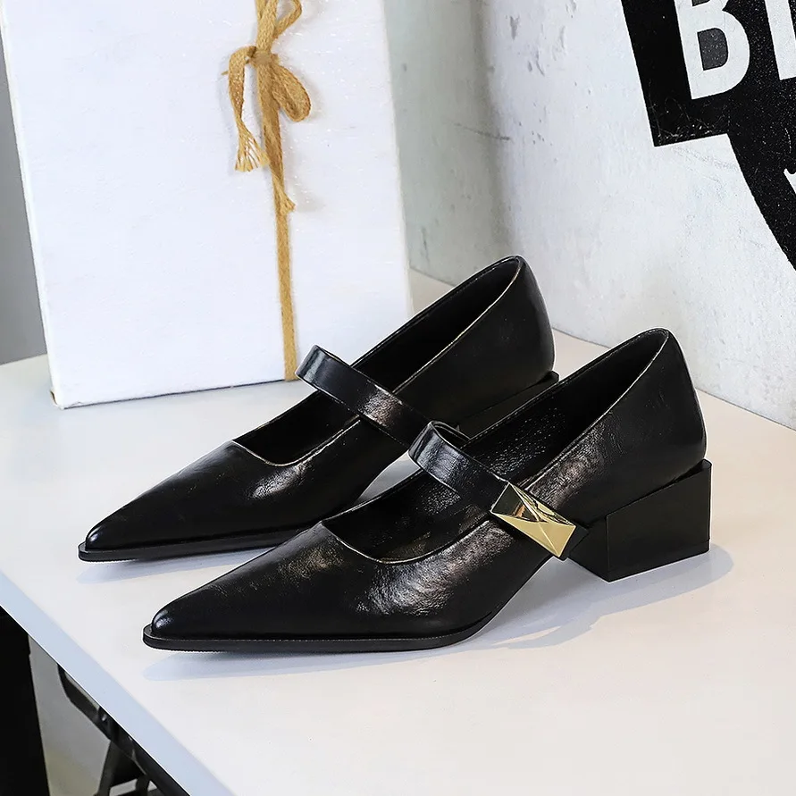 Mary Jane women's shoes 2026 spring thick heel pointed metal buckle temperament in single order shoes