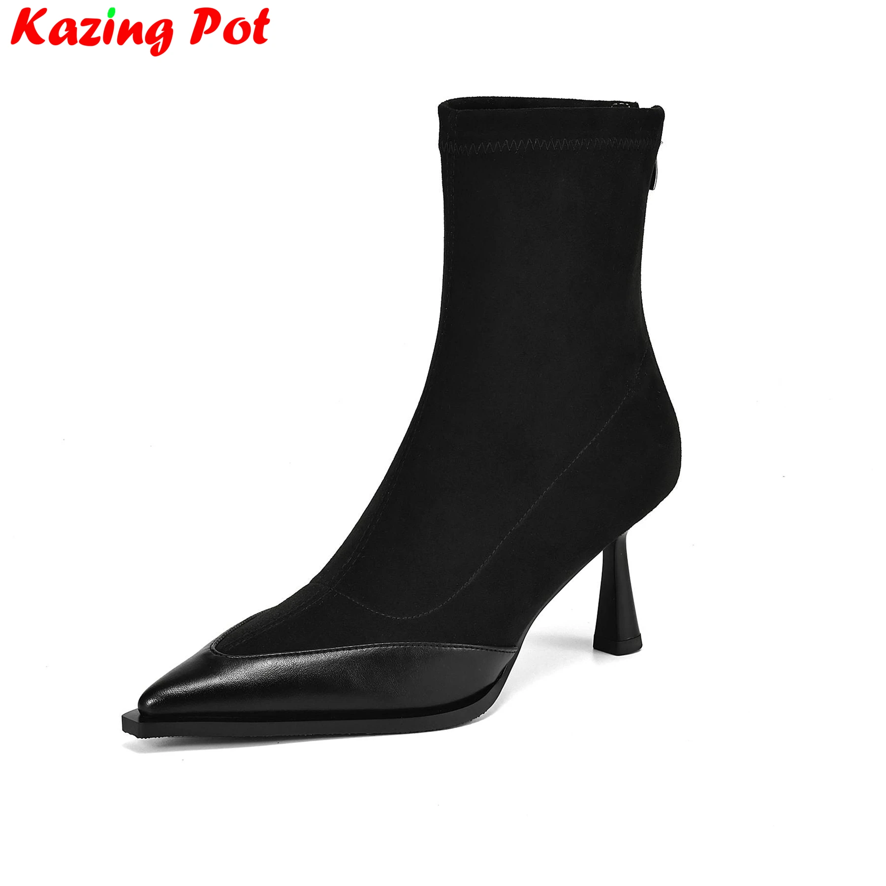 

Krazing Pot 2026 Flock Stiletto High Heels Pointed Toe Modern Stretch Boots Winter Warm Shoes Zipper Retro Women Mid-calf Boots