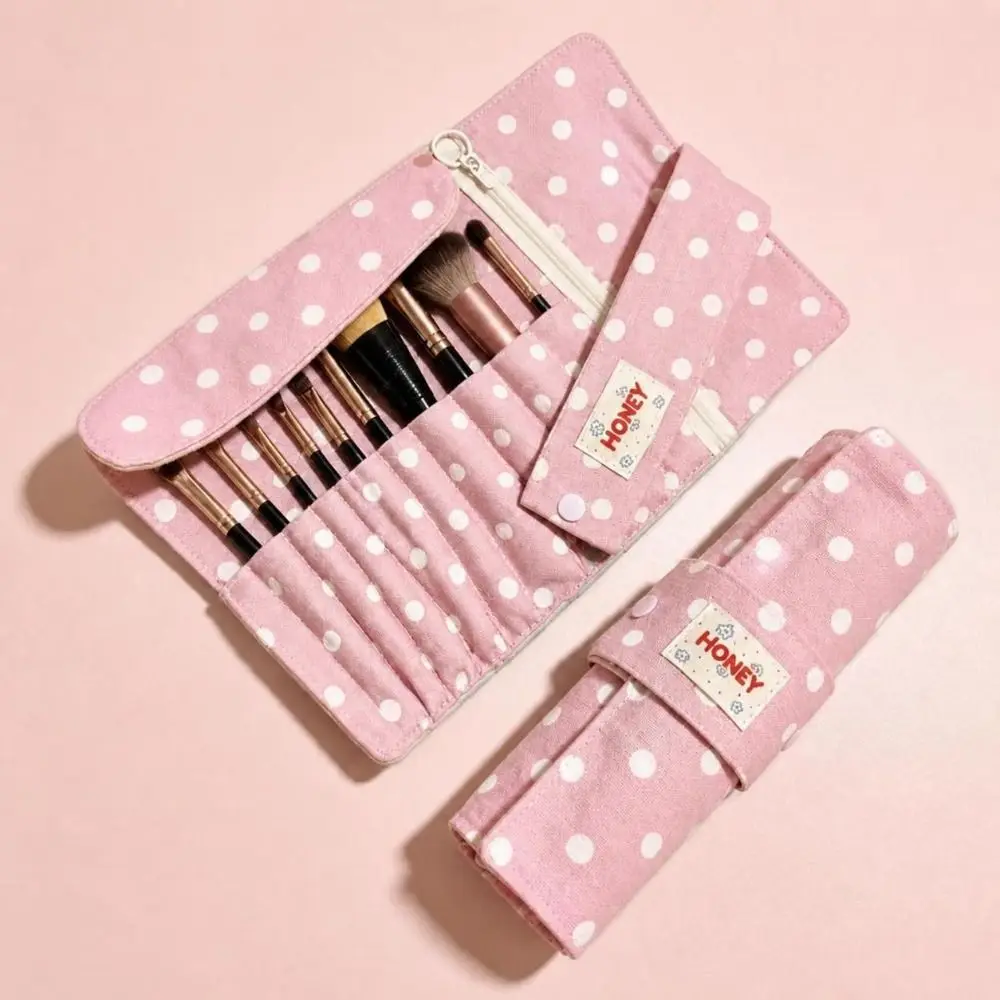 Polka-Dot Makeup Brush Roll Pouch 10-Slot Foldable Cosmetic Brush Organizer Lightweight Roll-Up Makeup Brush Bag Travel Storage