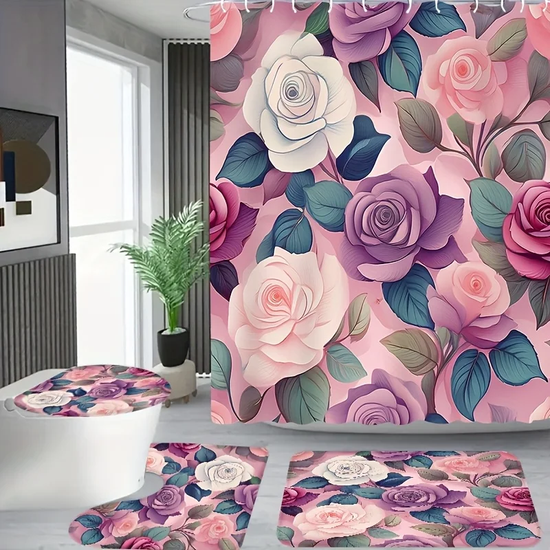 

4 шт., розовые и фиолетовые розы романтического узора, ванная комната в квартире, занавеска для душа в душевой комнате, комплект занавесок для душа в отеле,