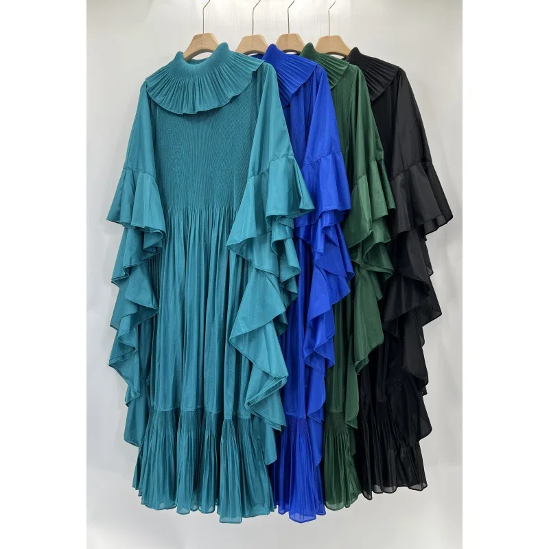 Women's Dress Pleated Women's Clothing 2024 New Solid Color Ruffled Edge Bat Sleep Atmosphere Loose Large Long Women's Dress