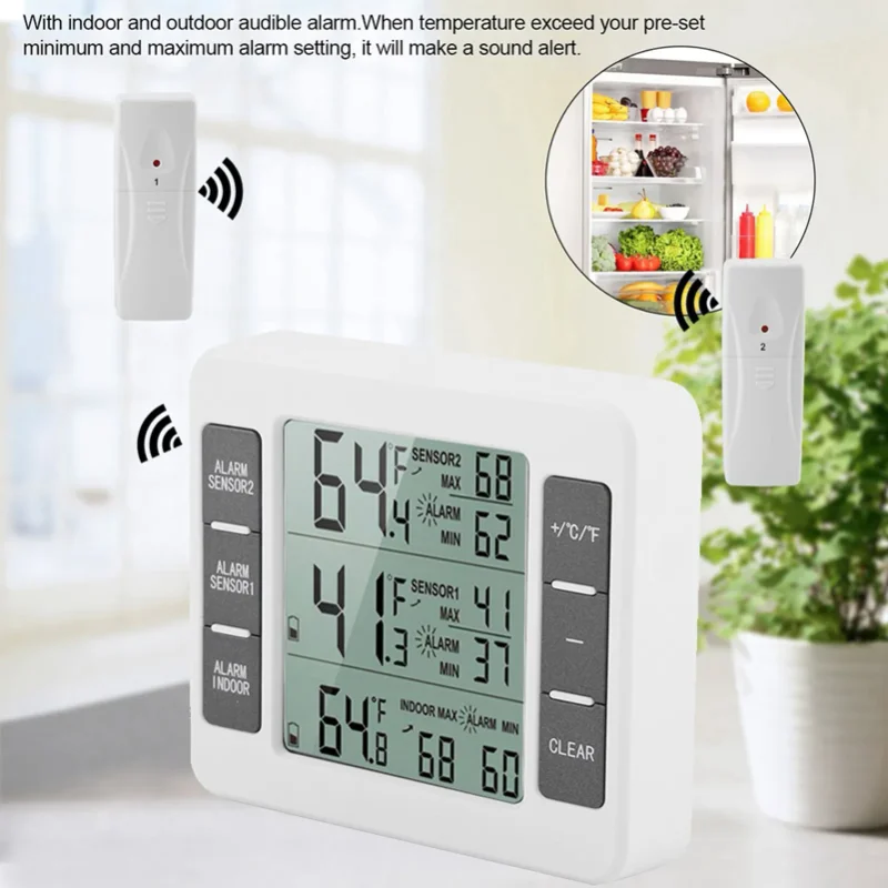 

Wireless Digital Audible Alarm Refrigerator Thermometer with 2PCS Sensor Min/Maximum Display Wireless Therometer