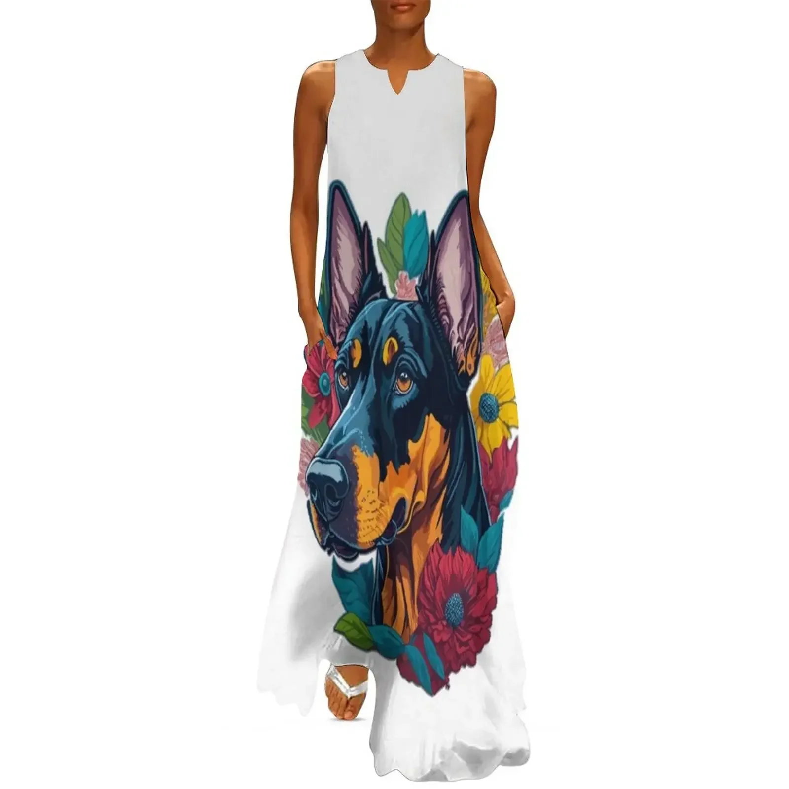 

Doberman with a Splash of Flowers Long Dress women long dresses dress women elegant luxury Cocktail of dresses Dress