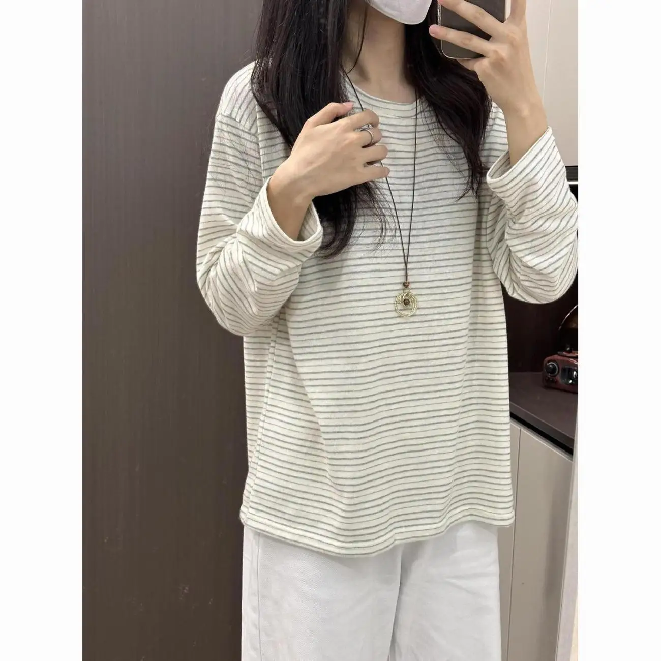 Korean Style Striped Loose Casual Long Sleeve T-Shirt Comfortable Breathable Cotton Vintage Lazy Fashion Ladies Top