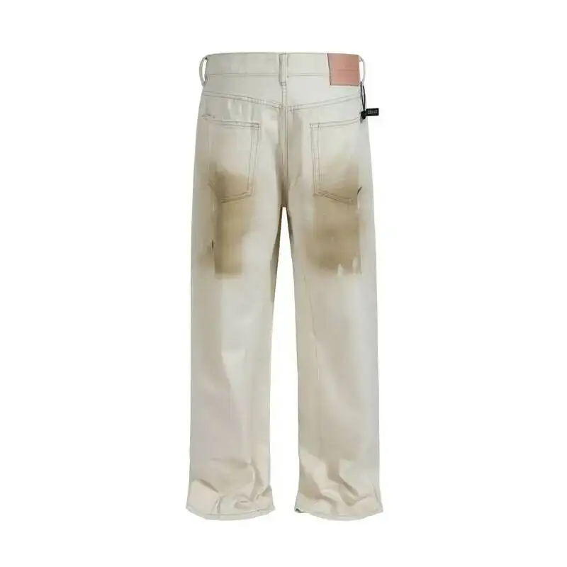 French Style Distressed High Waisted Men's Jeans Splatter Printting High End Loose Wide Leg Straight Denim Pants 3KE8