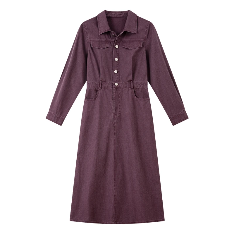 VIMLY Women's Purple Denim Dresses Casual Pure Cotton Turn-down Neck Ladies Maxi Dress Autumn 2025 Straight Button Dress A2891