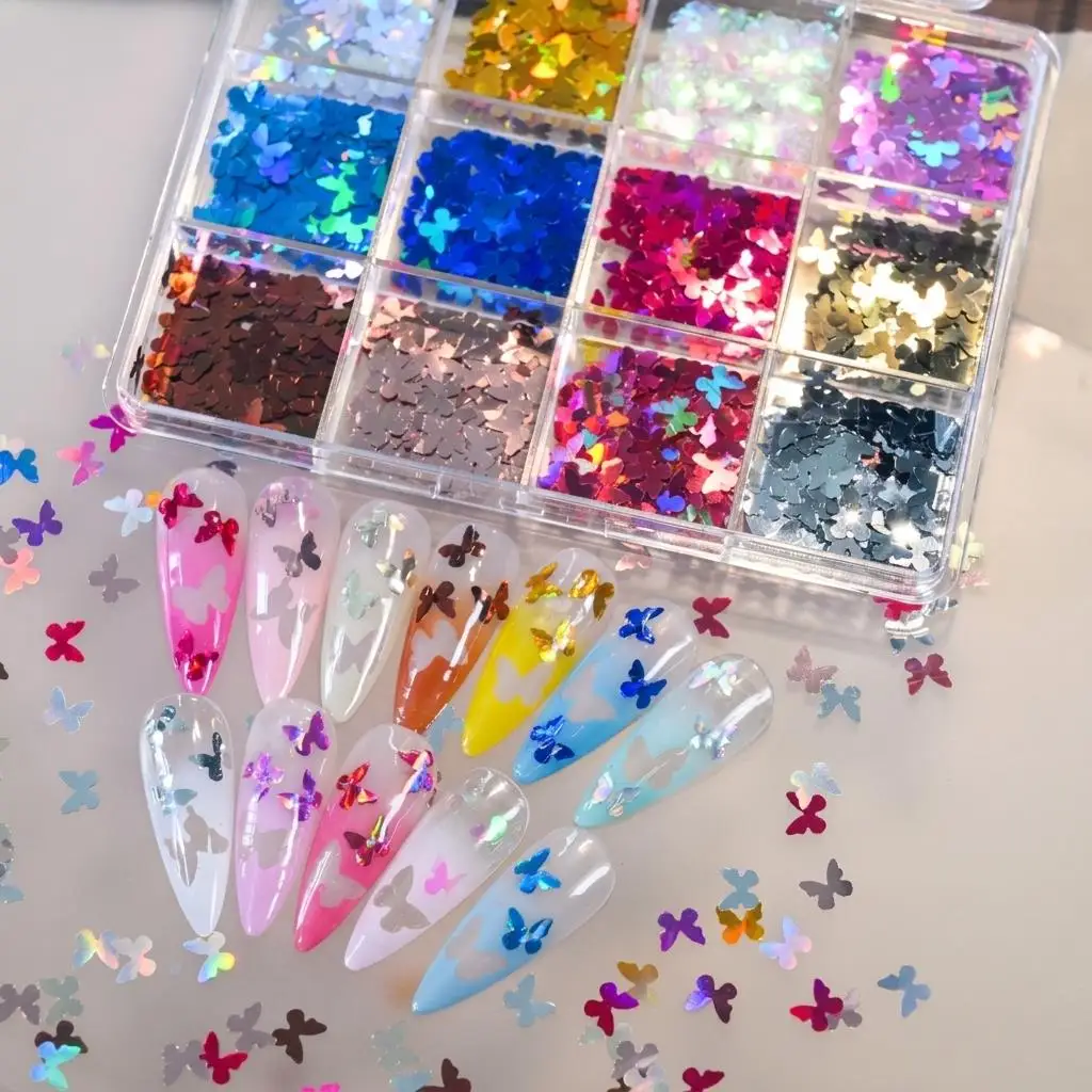 12Grids 3D Holographische Schmetterlings-Nagelglitzer-Pailletten, ultradünne Schmetterlings-Nagelkunst-Flocken für die Maniküre-Dekoration zu Hause oder im Salon.