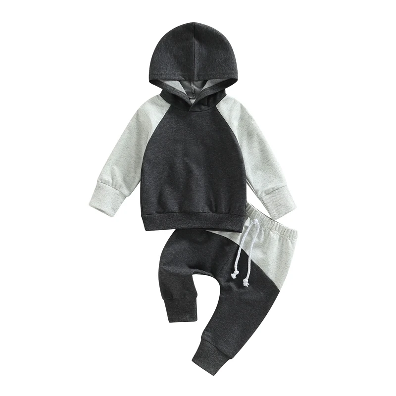 Herbst-Outfit-Sets für Kleinkinder, Jungen, langärmelig, Kontrastfarbe, Kapuzenpullover, Kordelzug, Hose