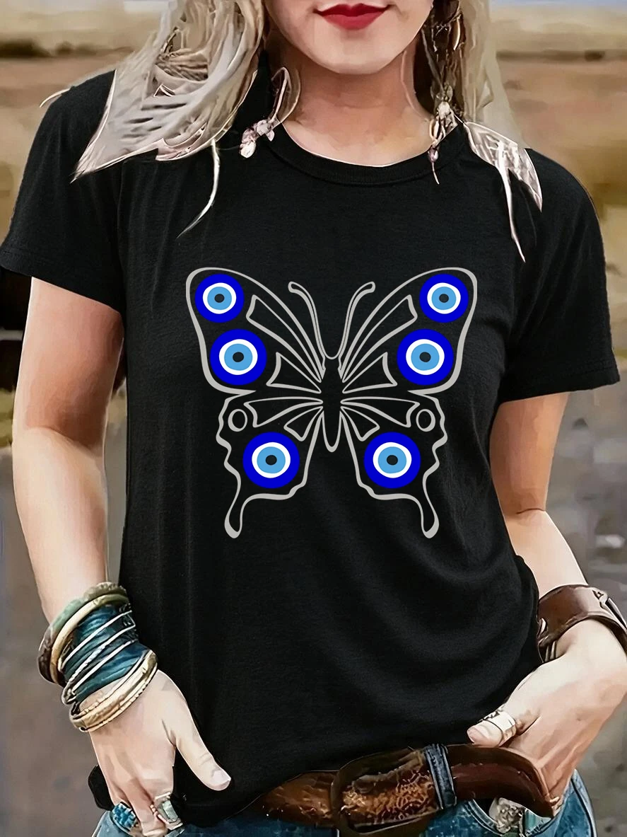 Women's Boho Nazar Amulet T-Shirt Evil Eye Print Short Sleeve Tees Tops with Butterfly Design Graphic Y2k T Shirt Clothes Female