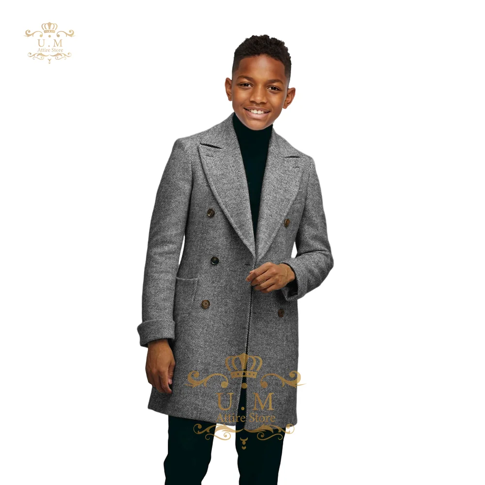 Brown boys' premium coat, herringbone pattern double-breasted jacket for wedding prom campuses Xmas party custom kids tuxedo