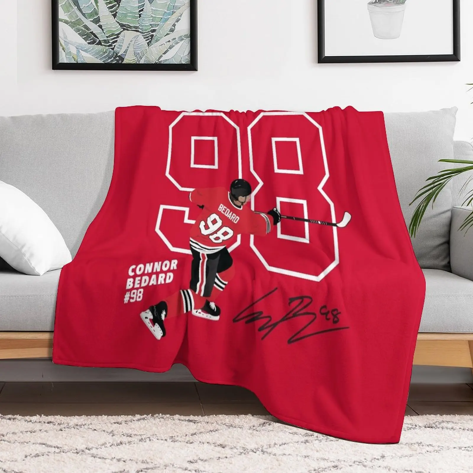 

Connor Bedard Blackhawks #98 Signature Art Throw Blanket Warm Soft Plaid christmas gifts Sofas Blankets