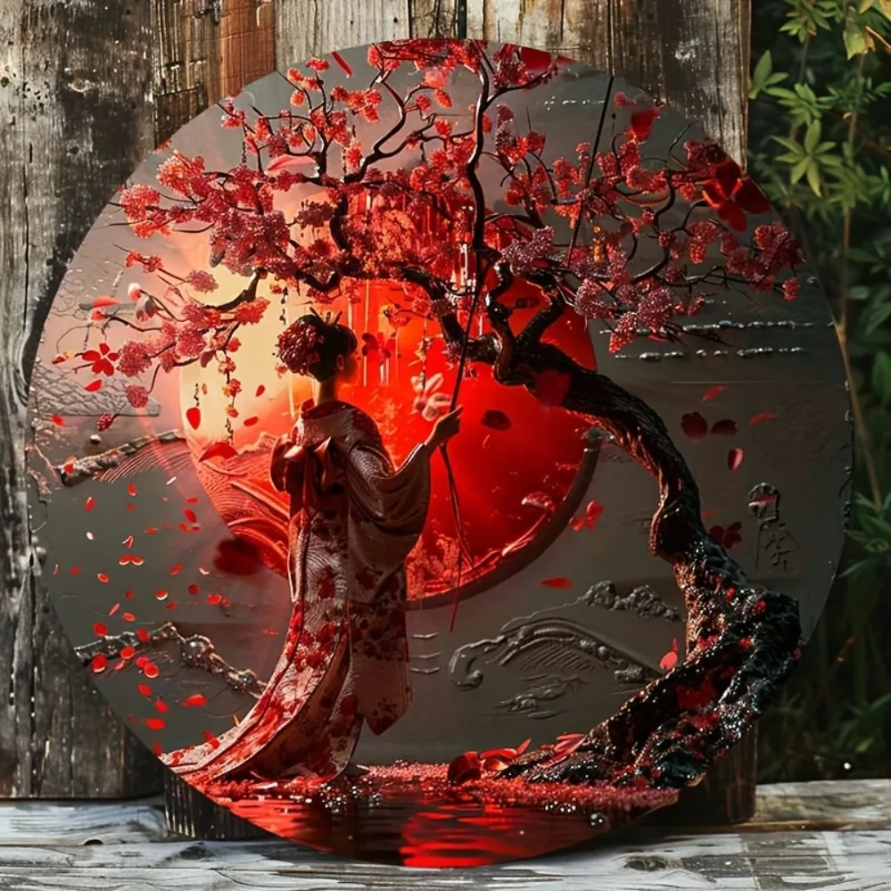 2D Metal Sign, 7.87x7.87 Inch Round Japanese Lady in Kimono & Sakura Tree Design, Pre-Drilled for Home Office Outdoor Hanging, W