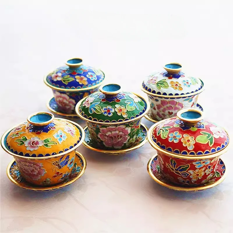 

Miniature Enamel Decorated Copper-Plated Figurine of Beijing Jingtailan Tea Bowl and Lid