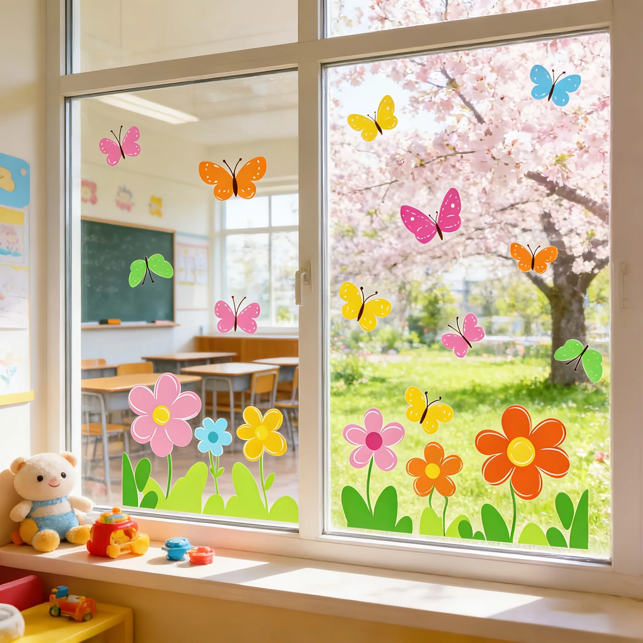 1Pc Cheerful Spring and Summer Themed Wall and Window Stickers, Colorful Butterfly and Flower Design Stickers, Self-Adhesive Pvc Removable Wall Decoration Stickers, Suitable for Restaurants, Bedrooms, Living Rooms, Kitchens, Doors, Windows, Cabinets, Glass, Tiles, and Wall Decorations, Cute and Attractive Stickers That Are Practical and Easy to Create a Cozy Space