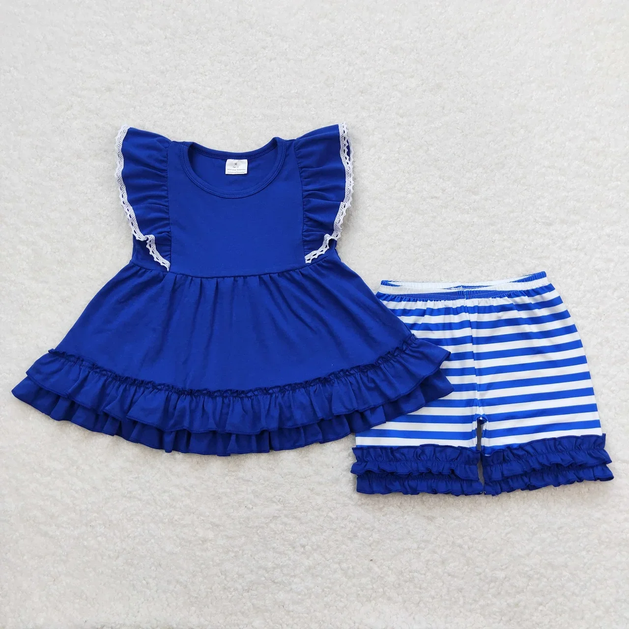 Wholesale Children Summer Infant Outfit Toddler Short Sleeves Blue Cotton Tunic Kids Ruffle Stripes Shorts Baby Girl Set Clothes