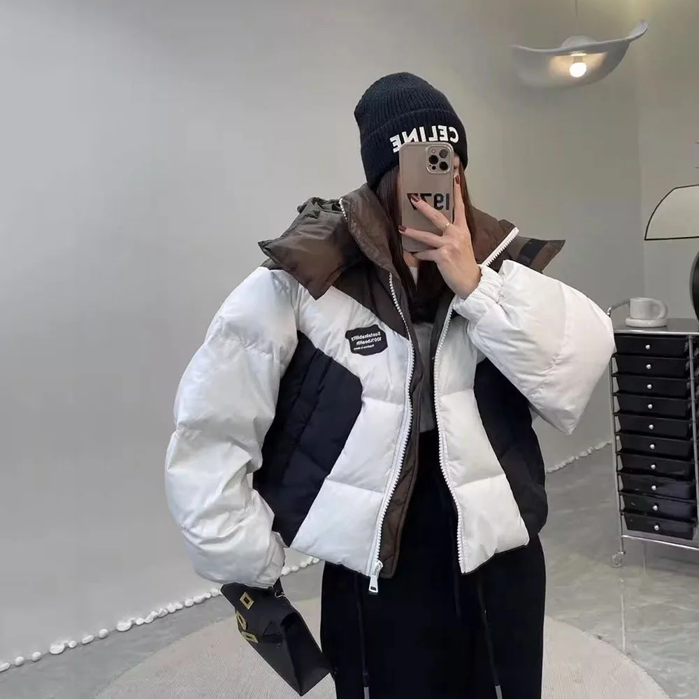 Winter korte capuchon dames streetwear patchwork cropped donsjack Koreaans katoen gewatteerd dons dikker thermische parka dame