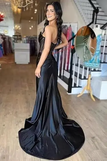 Ryanth Strapless Mermaid Satin Prom Dress for Women 2024 Bridesmaid Dress with Slit Celebrity Dresses with Corset robe de soirée