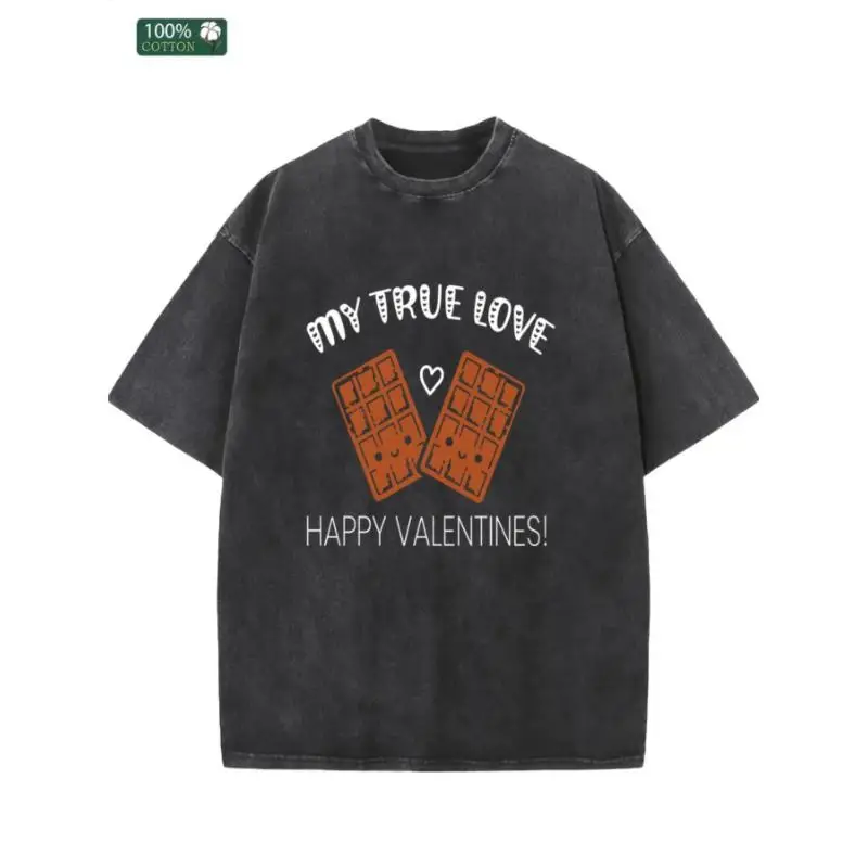 

Vintage Cotton "My True Love Happy Valentine's" T-Shirt Oversized Cute Chocolate Lovers Couple Tee Funny Gift