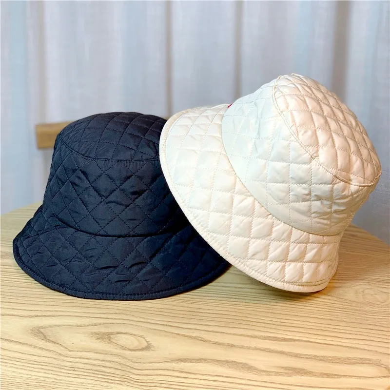 New Fisherman Hat for Men Women Autumn and Winter Thicken Outdoor Warm Ultra Light Down Cotton Rhombus Grid Fashion Bucket Caps