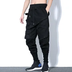 Pantalones Cargo tácticos funcionales para hombre, ropa de calle de Hip Hop, pantalones de cintura elástica para correr, pantalones irregulares con múltiples bolsillos, color negro, WB520