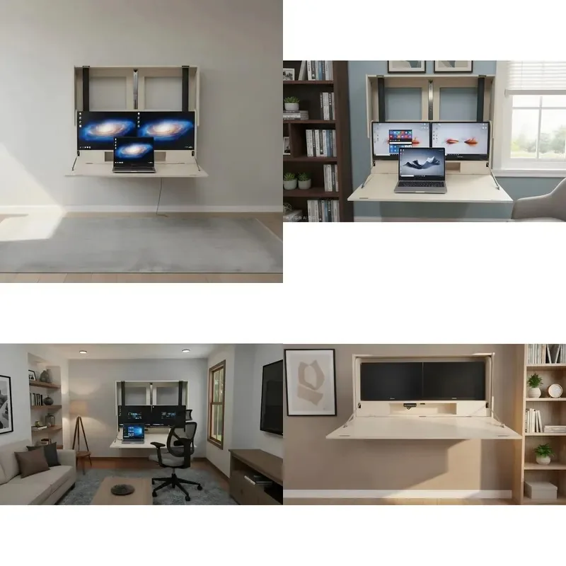 Wall Mount Dual Display Folding Workstation Ultra Wide Space Saving Home Office Electric Sit Stand Murphy Desk Fits Two
