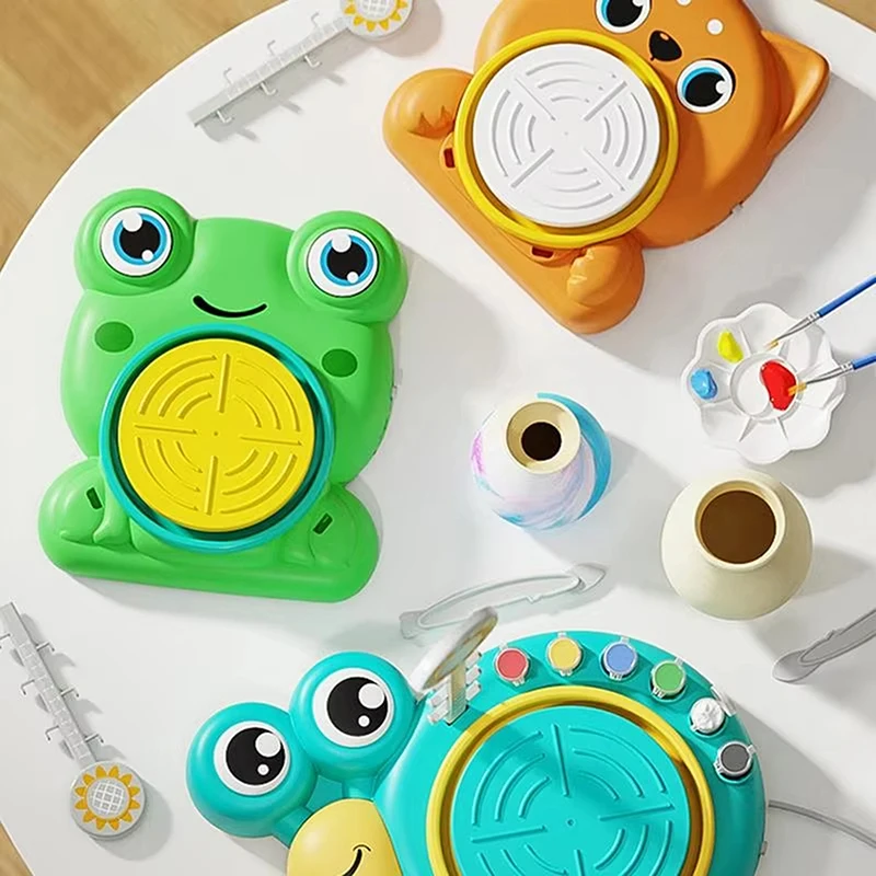 Pottery Wheel For Beginners Cartoon Animal DIY Handmade Small Pottery Wheel Kids Craft Toys Modeling Clay Included Creative