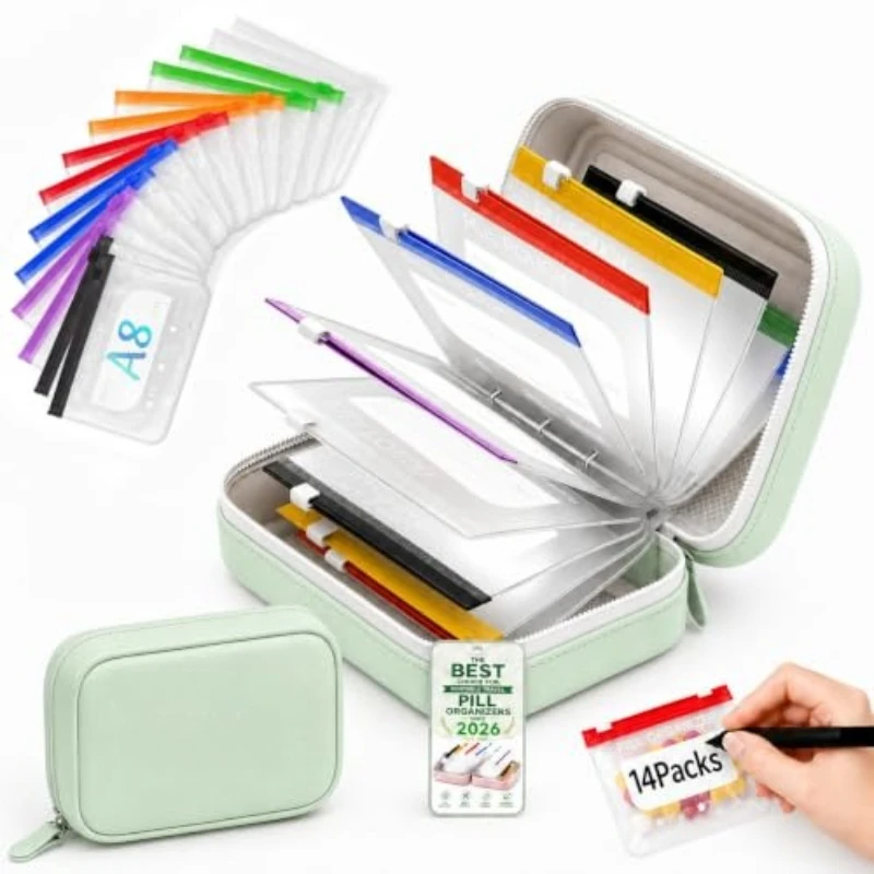 A8 Waterproof Pill Organizer Set, Twice-Daily Large Pill Organizer for Seven Days, Pill Storage with 14 Color-Coded Pouches