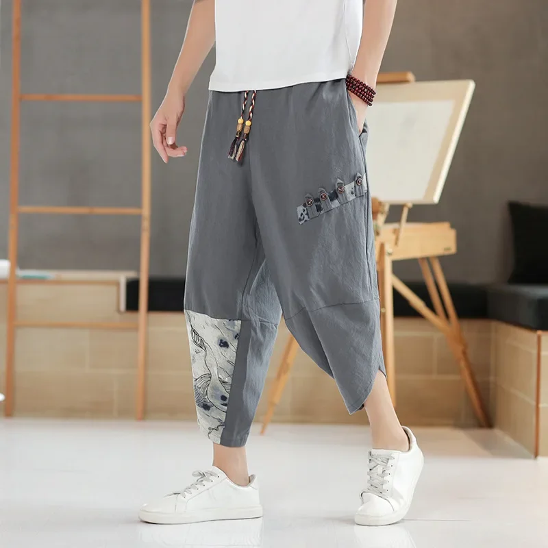 Japanese Kimono Men\'s Cotton Linen Samurai Clothing Patchwork Print Retro Harem Pants Loose Shorts Harajuku Hip Hop Pants