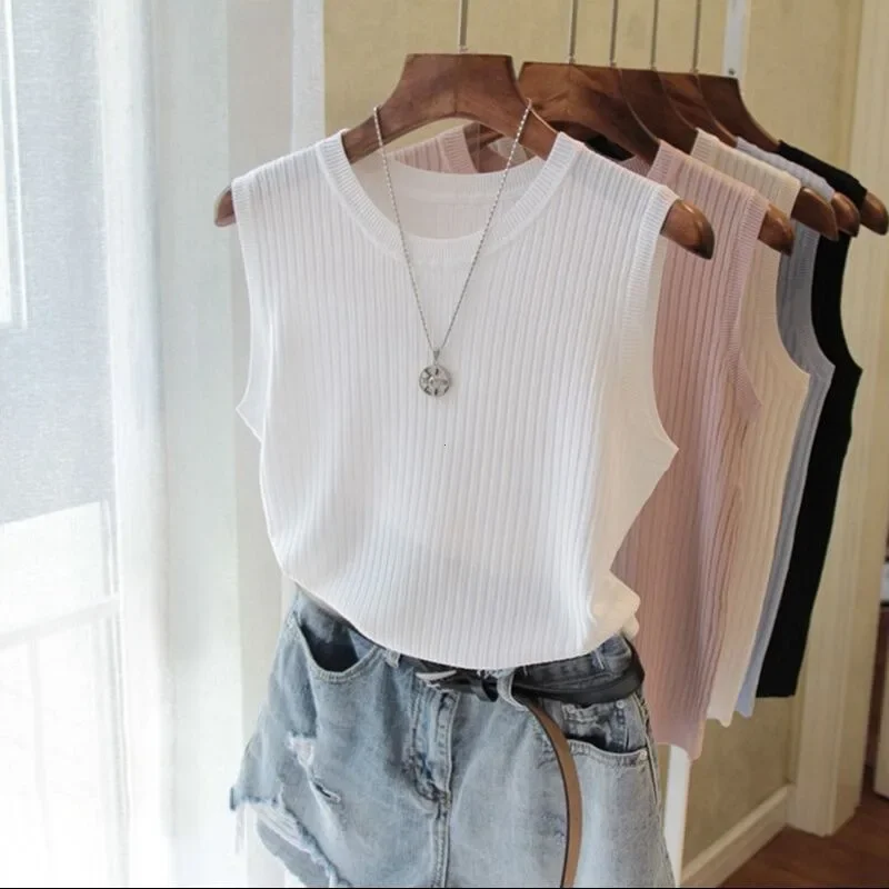 韓国ニットベスト女性トップス夏ノースリーブブラウス女性Oネックニットブラウスシャツ服女性トップス