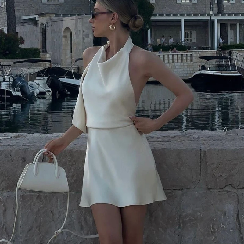 White Halter Backless Dresses Spring Women Sleeveless Satin Lace Up Dress Autumn High Waist Zipper Slim Neck Mounted Mini Dres