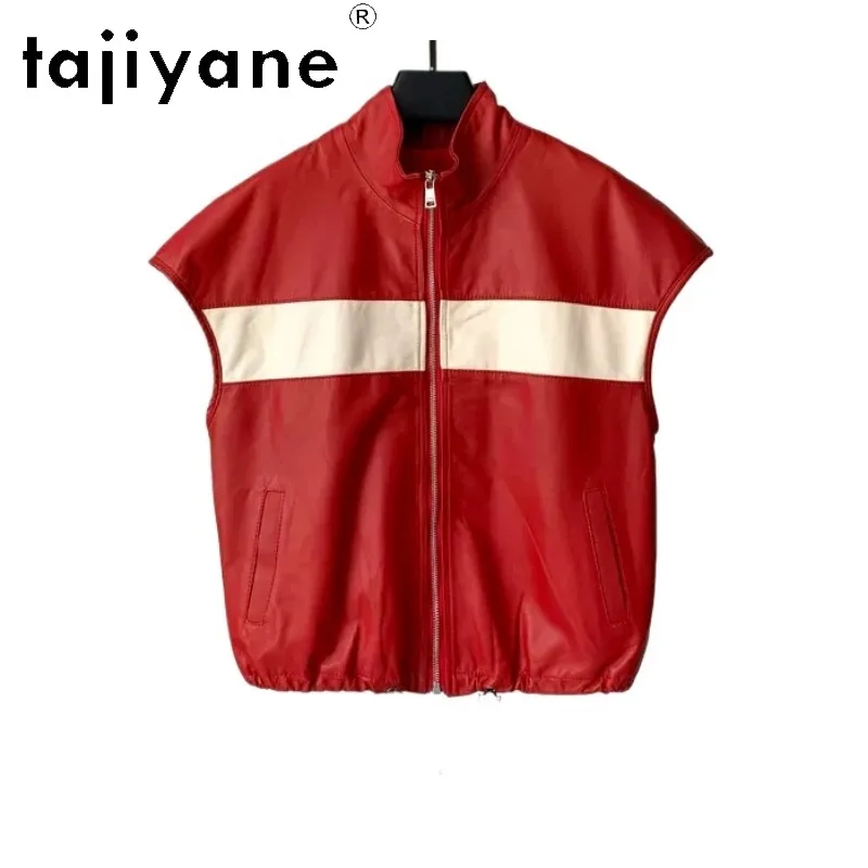 TAJIYANE Real Leather Jacket Women Veste Femme Sheepskin Jackets for Woman Short Sleeveless Leather Coat Color Blocking Дубленка