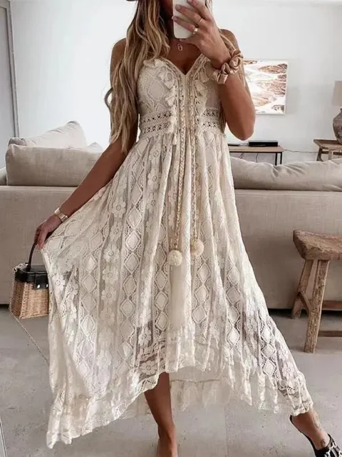 Summer Fashion Sexy Beach Vacation Long Dress Lace Sleeveless Women Dress V Neck Hollow Out Elegant Loose Dresses
