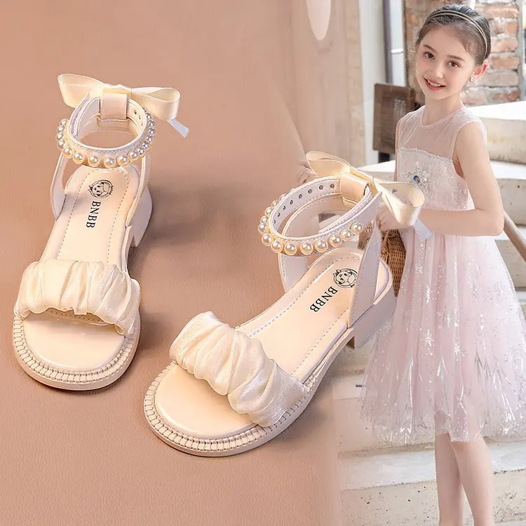 Girls Roman Sandals Summer New Fashion Baby Shoes Children Pearl Little Girl Open-toed Princess Flats