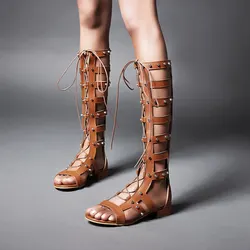 Retro Brown Black Gladiator Sandals Women's Lace Up Rivets Decor Flats 2cm Heels Holiday Beach Shoes Summer Mid Calf Boots