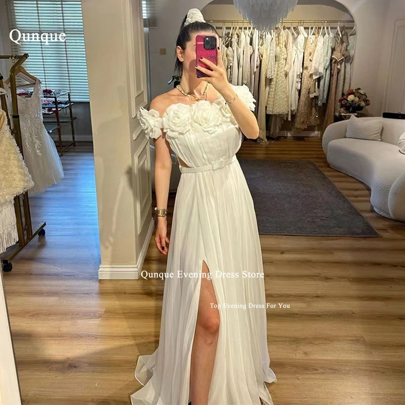 

Qunque A-Line Chiffon Wedding Dresses Hochzeitskleid Short Sleeves With Flowers Beach Bridal Dress Open Leg Vestidos De Novia