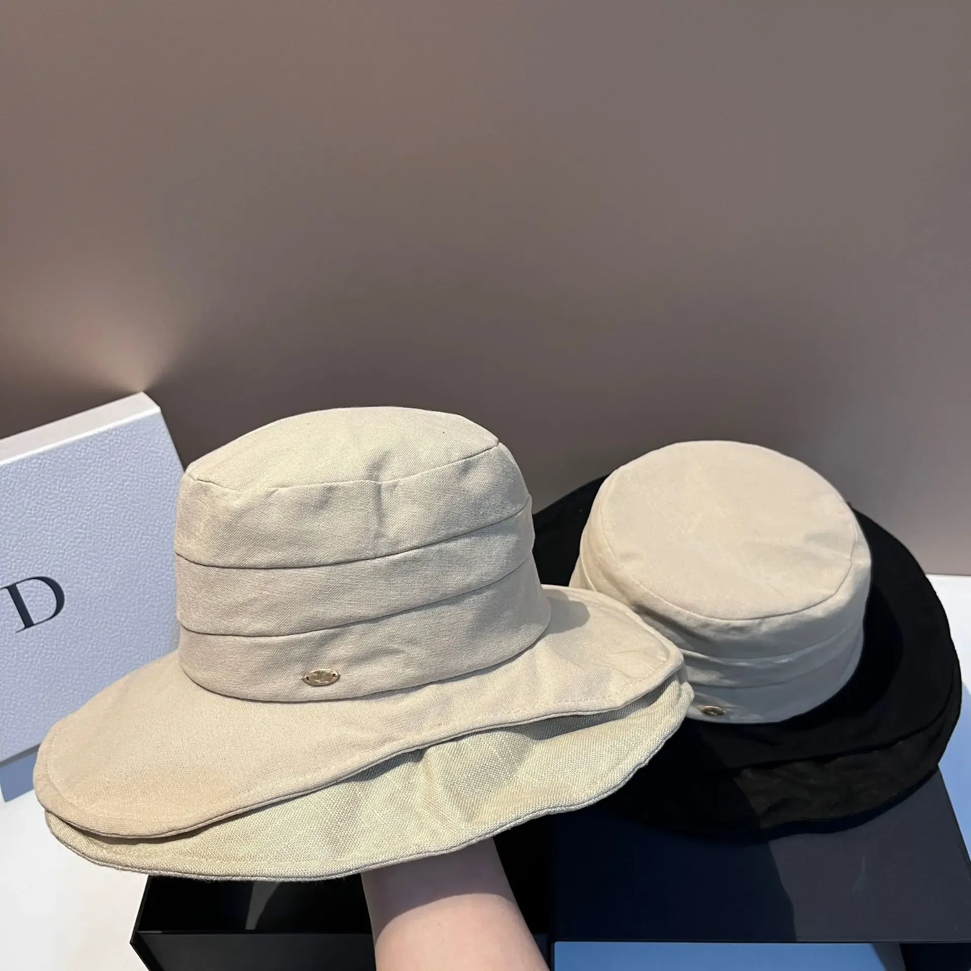 

High quality cotton and linen big eaves bucket hat summer outdoor shading breathable luxury top hat color matching hat women
