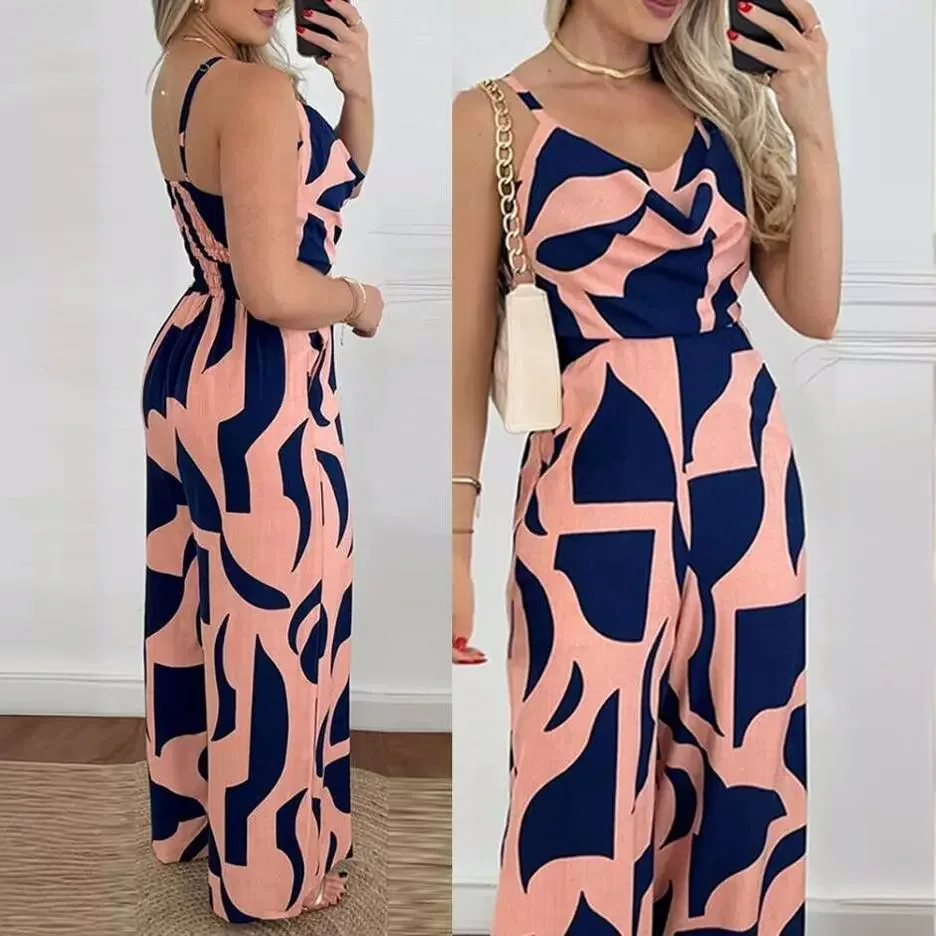 Mono de pierna ancha sin mangas para mujer, peto elegante con estampado de temperamento, moda de verano