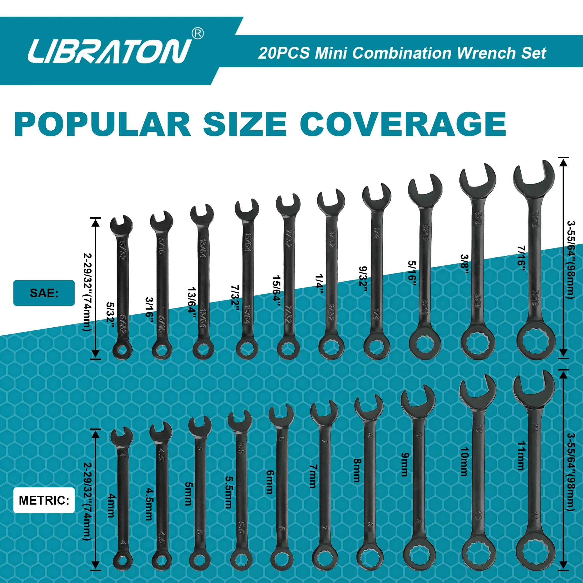 LIBRATON Mini Wrench Set, Metric SAE Midget Combination Wrench Set, 4-11mm & 5/32\