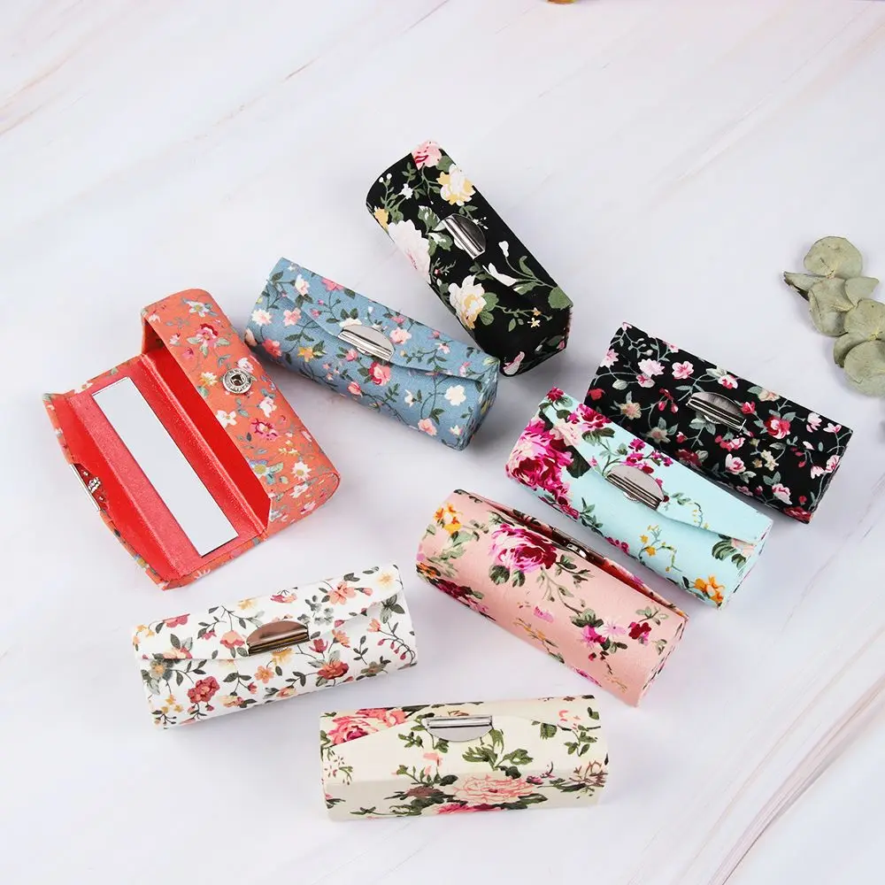 Women Beauty Retro Embroidered Flower Designs Jewelry Holder Lip Gloss Box Mini Mirror Lipstick Case