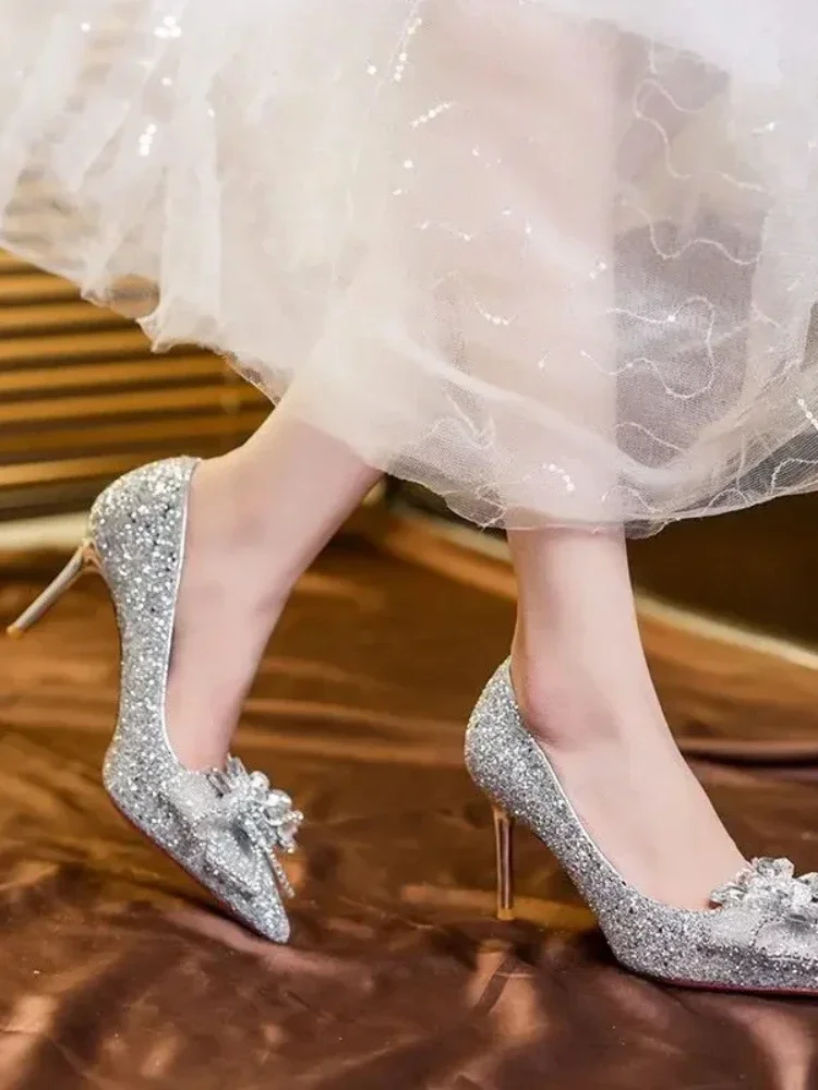 French Crystal Silver High Heel Shoes Female 2024 New Bow Solid Shining Womens Shoes Lady Pointed Toe Casual Pumps Wedding Shoes