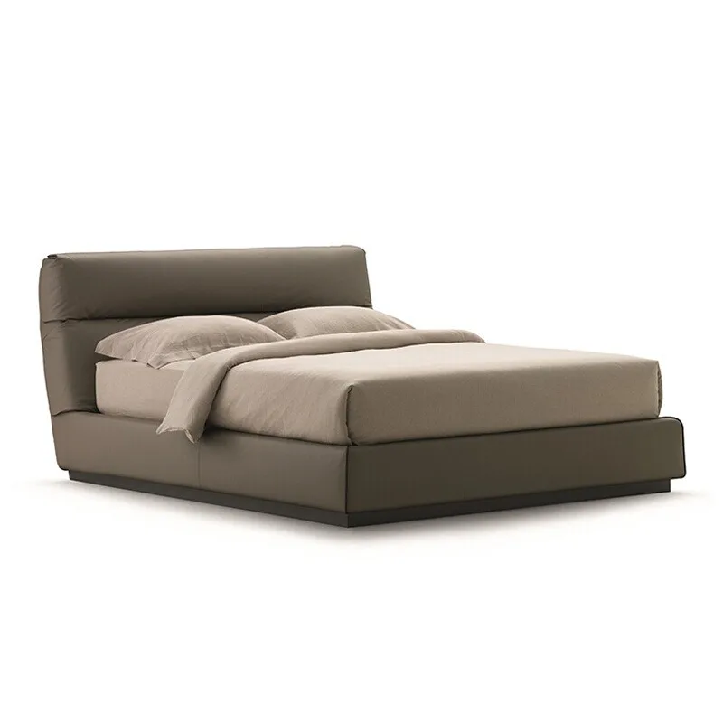 Italian minimalist master bedroom leather queen bed, villa large flat floor with flat edges 1.8 meters double bed