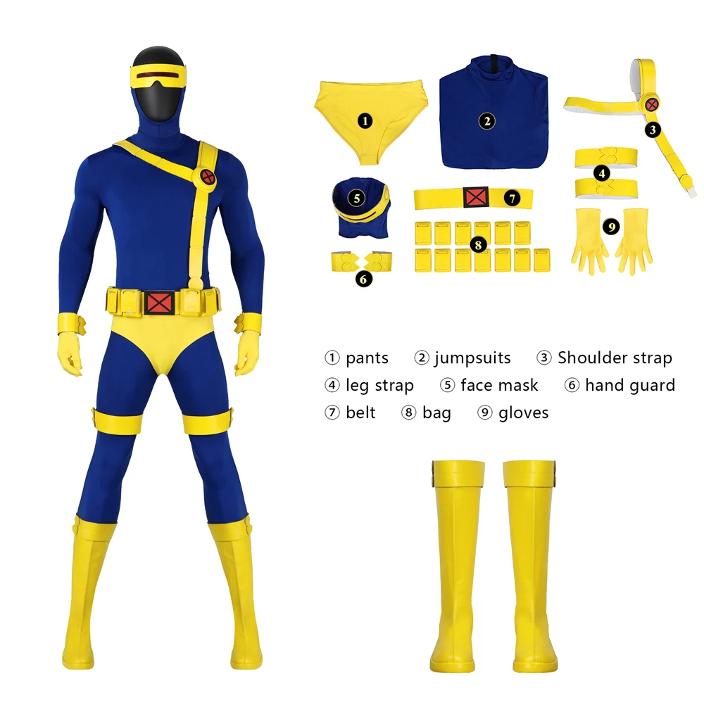 Adult Anime X Police 97 Man Cyclops Scott Summers Jumpsuits Halloween Carnival Cosplay Costume Blindfold Belt Accessories Shoes